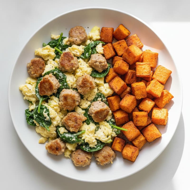 Crispy Turkey Sausage and Egg White Scramble with Roasted Sweet Potatoes