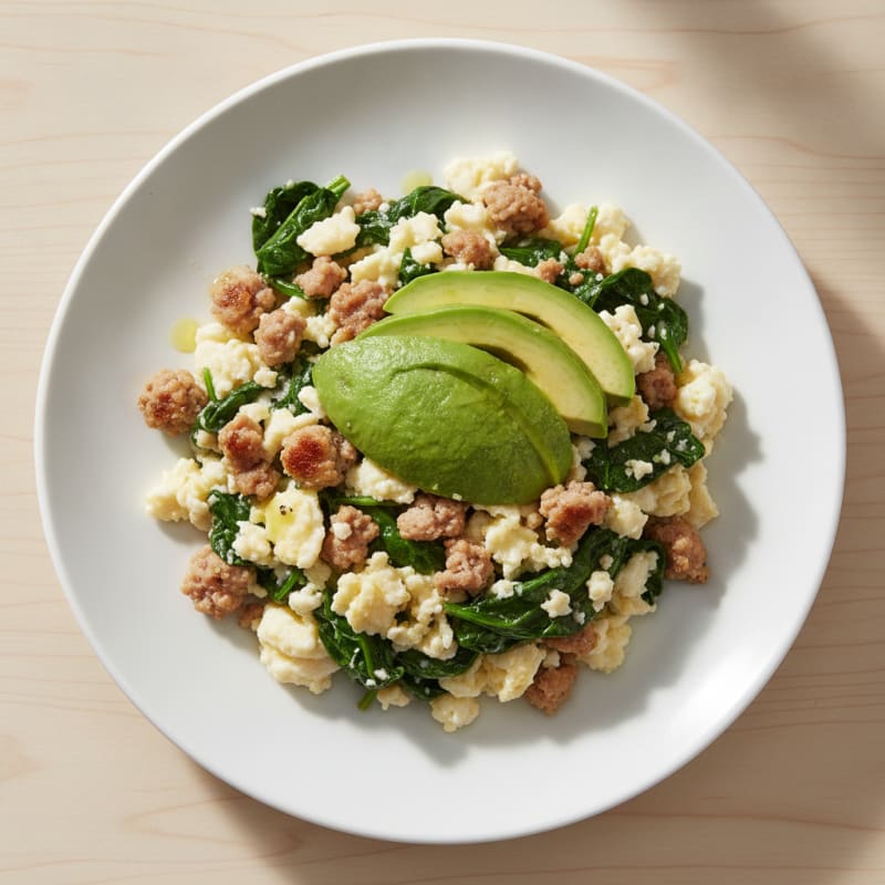 Egg White Scramble with Turkey Sausage and Sautéed Spinach