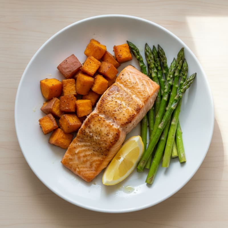 Seared Salmon with Roasted Sweet Potato and Asparagus