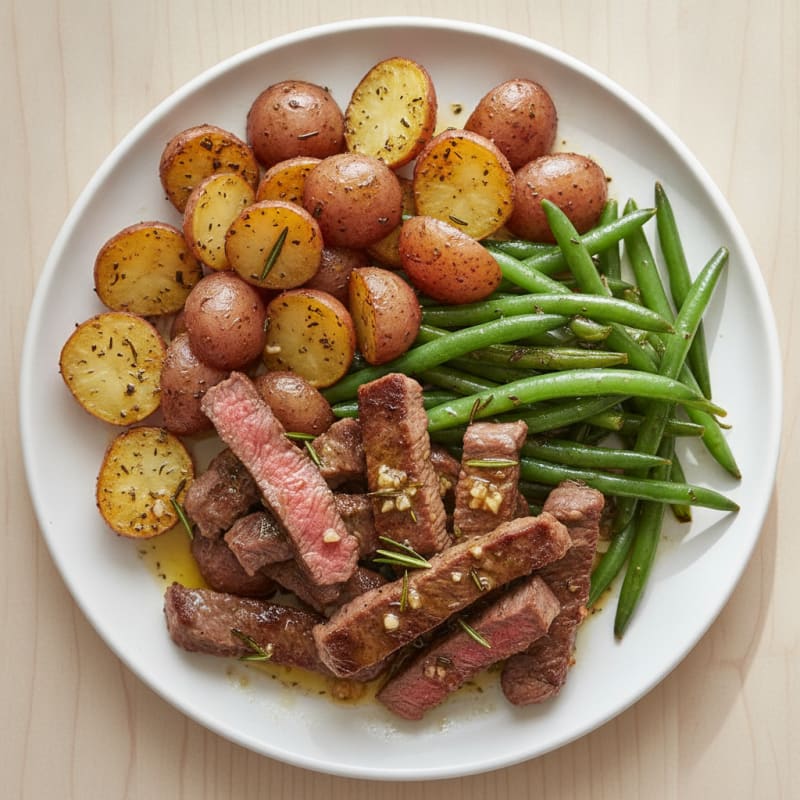 Seared Beef Strips with Herb-Roasted Potatoes and Green Beans