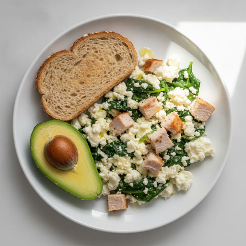 Egg White and Cottage Cheese Scramble with Spinach and Turkey Breast