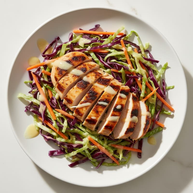 Grilled Chicken Breast with Crunchy Cabbage Slaw and Lemon Yogurt Dressing