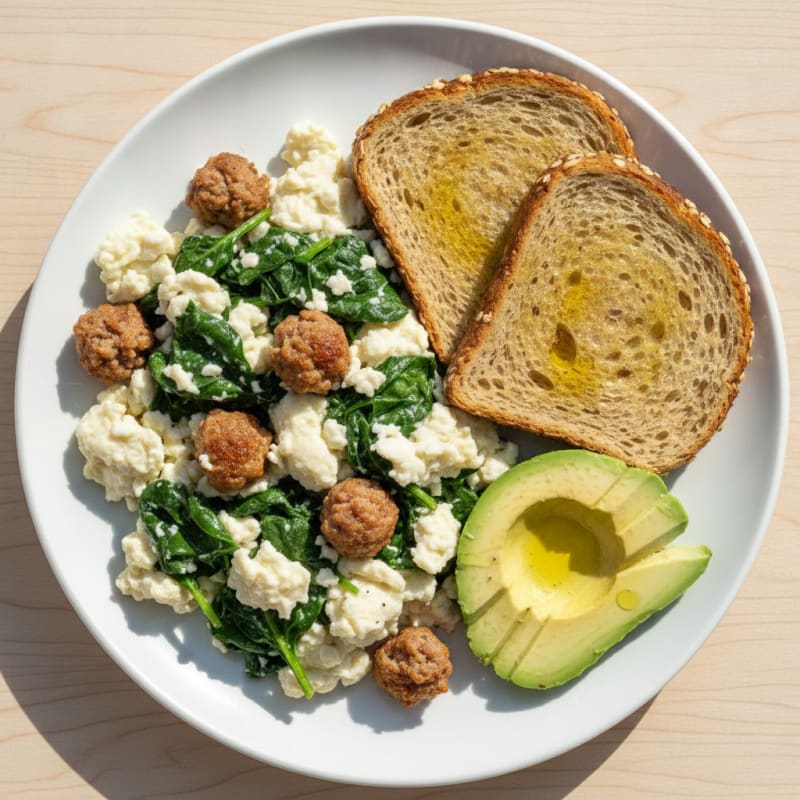 Egg White and Spinach Scramble with Turkey Sausage