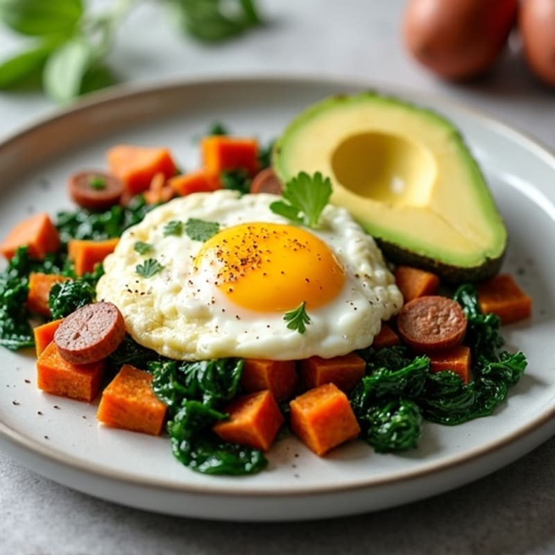 Egg White and Turkey Sausage Scramble with Sautéed Spinach and Sweet Potato