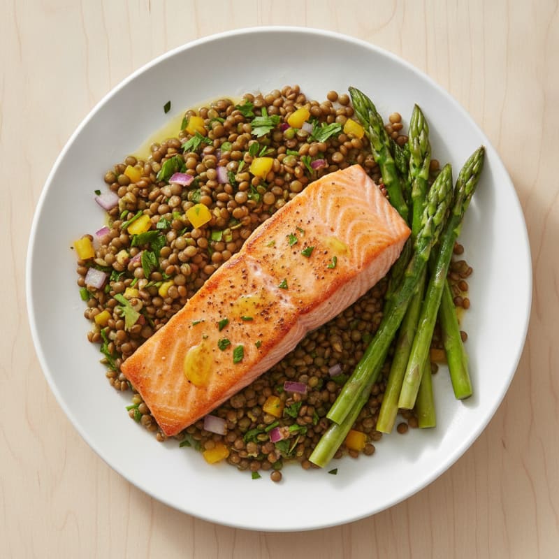 Seared Salmon Fillet with Lentil Salad and Steamed Asparagus