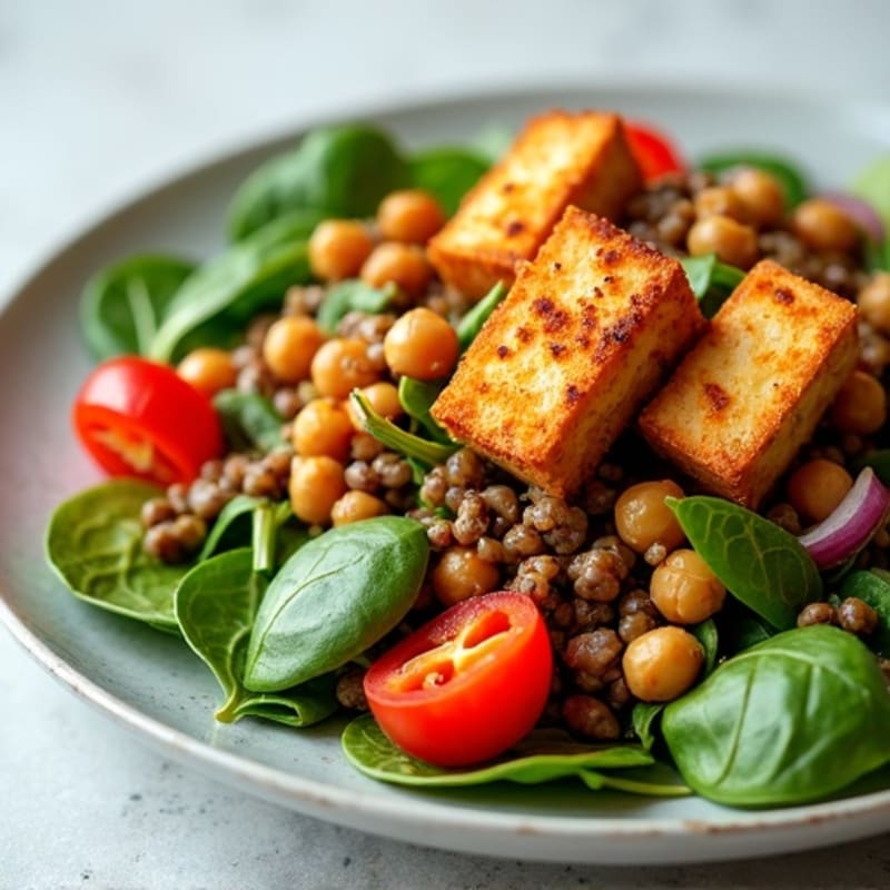Crispy Tofu and Lentil Power Salad with Spinach and Roasted Chickpeas