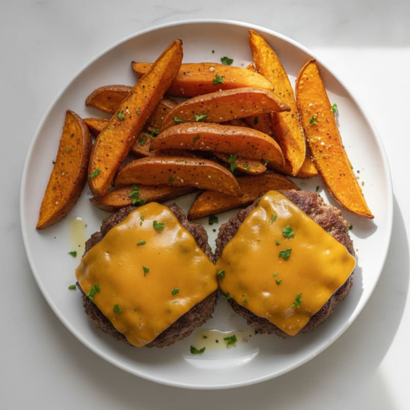 Cheeseburger Patties with Roasted Sweet Potatoes