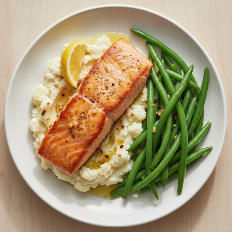 Seared Salmon with Steamed Green Beans and Garlic Mashed Cauliflower