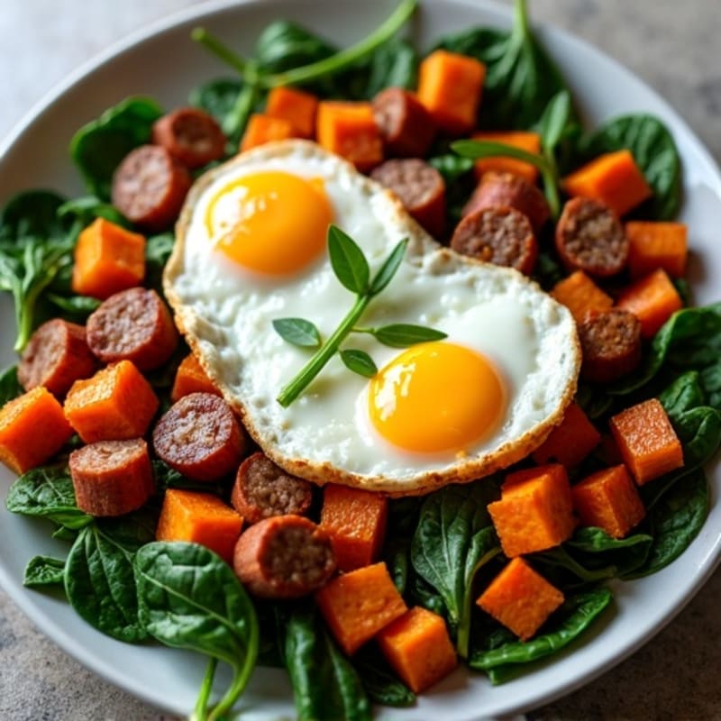 Crispy Sweet Potato and Turkey Sausage Skillet with Fresh Spinach and Eggs
