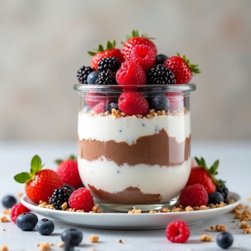 High-Protein Greek Yogurt Parfait with Chocolate Protein Powder and Berries