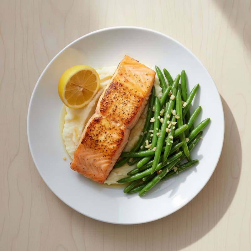 Seared Salmon with Garlic Green Beans and Mashed Cauliflower