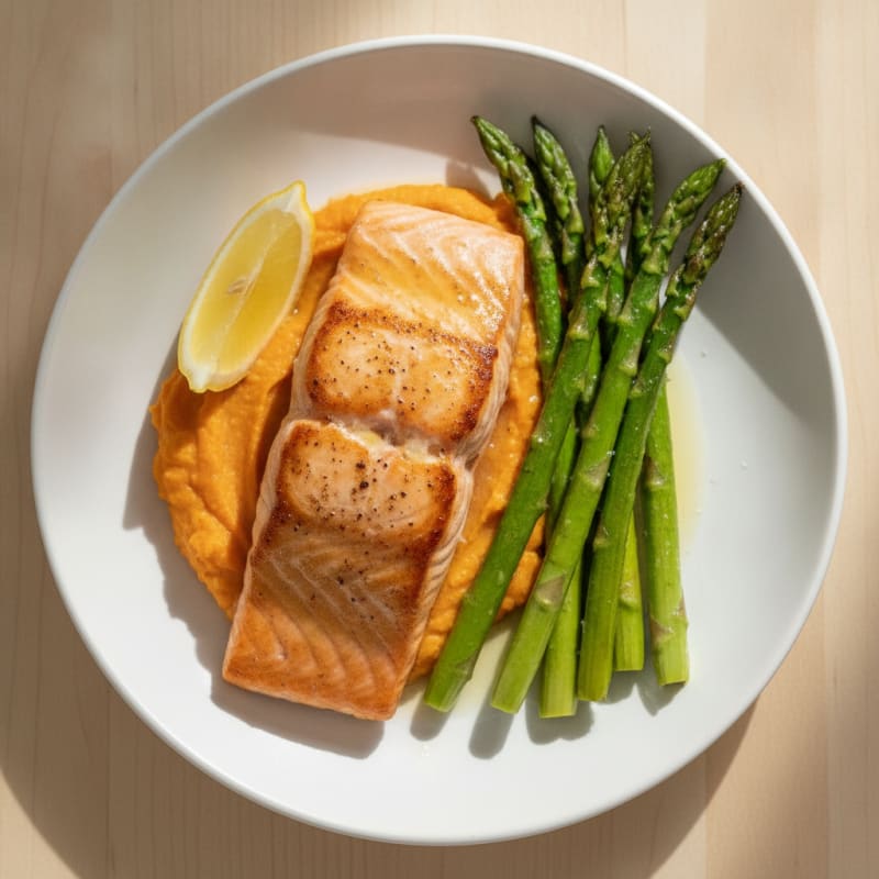 Seared Salmon Fillet with Roasted Asparagus and Sweet Potato Mash