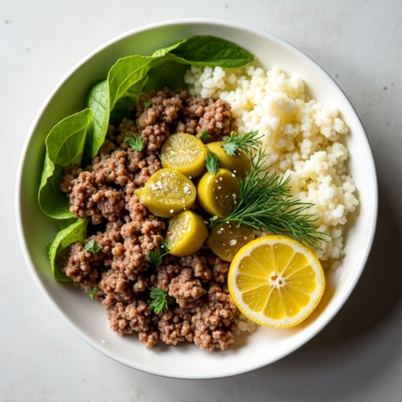 Lean Ground Beef Protein Bowl with Creamy Dill Pickle Dressing
