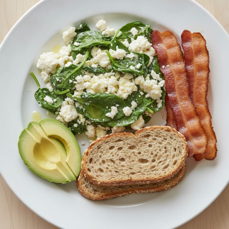 Cottage Cheese Egg White Scramble with Spinach and Turkey Bacon