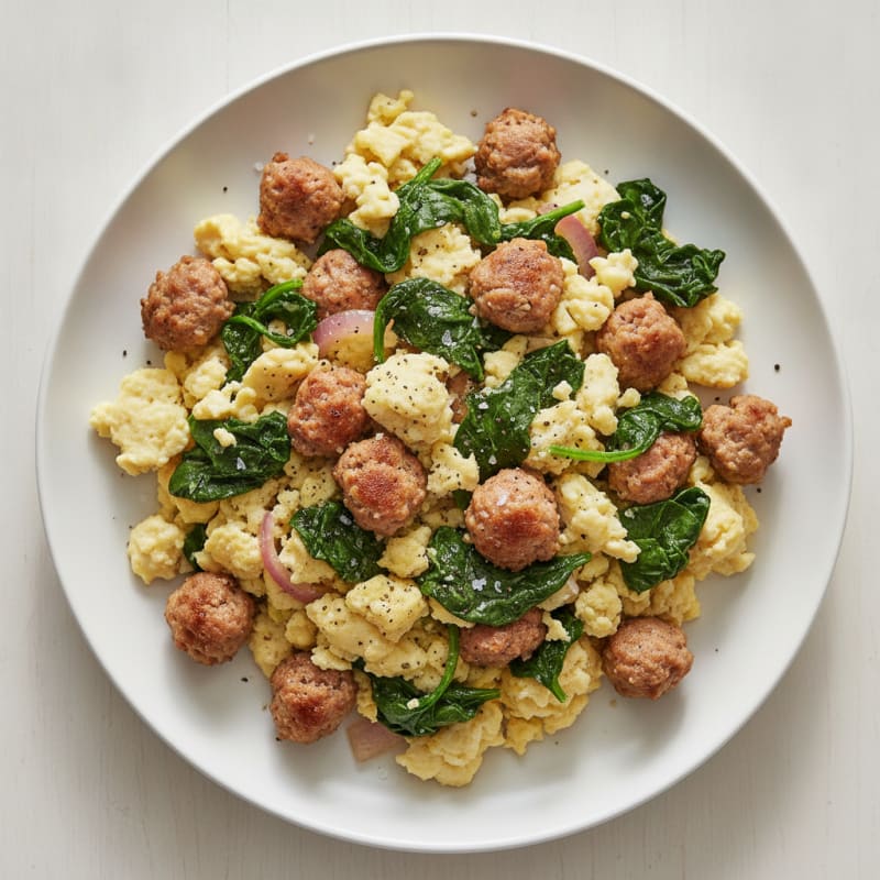 Egg White Scramble with Turkey Sausage and Sautéed Spinach