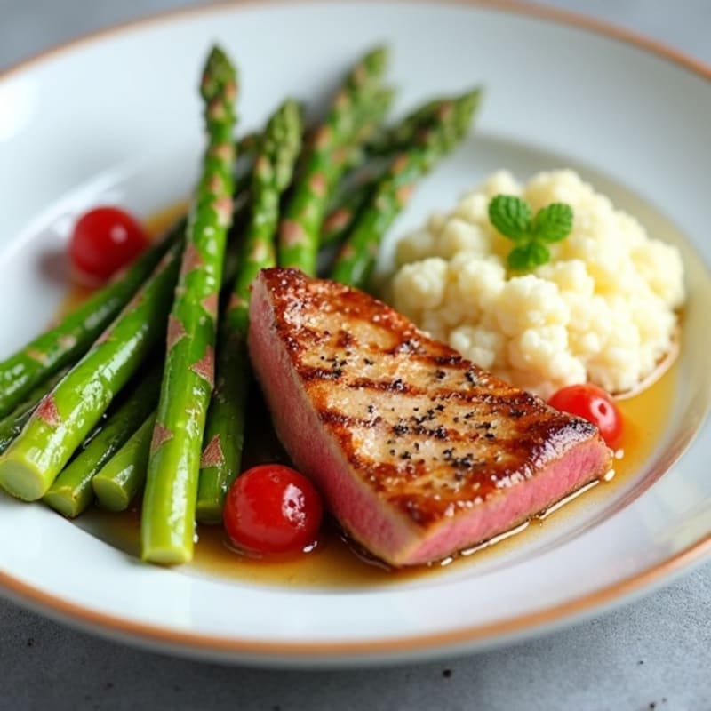 Seared Tuna Steak with Roasted Asparagus and Cauliflower Mash
