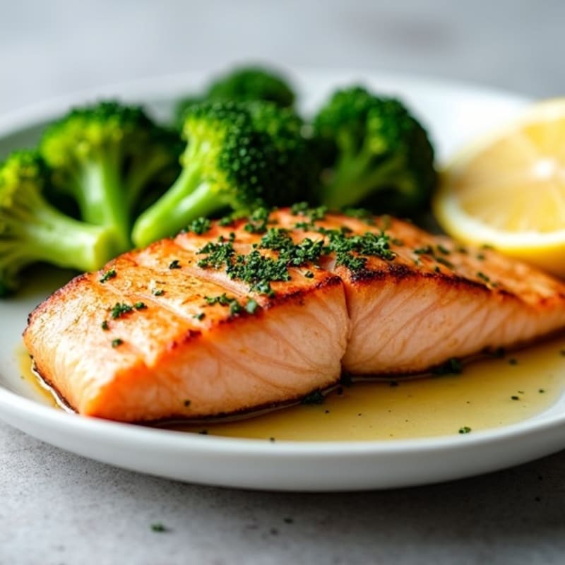 Seared Salmon Fillet with Steamed Broccoli and Lemon