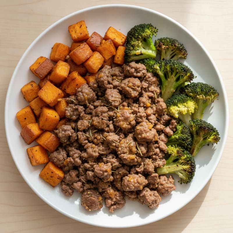 Herb-Roasted Ground Beef with Roasted Broccoli and Sweet Potato