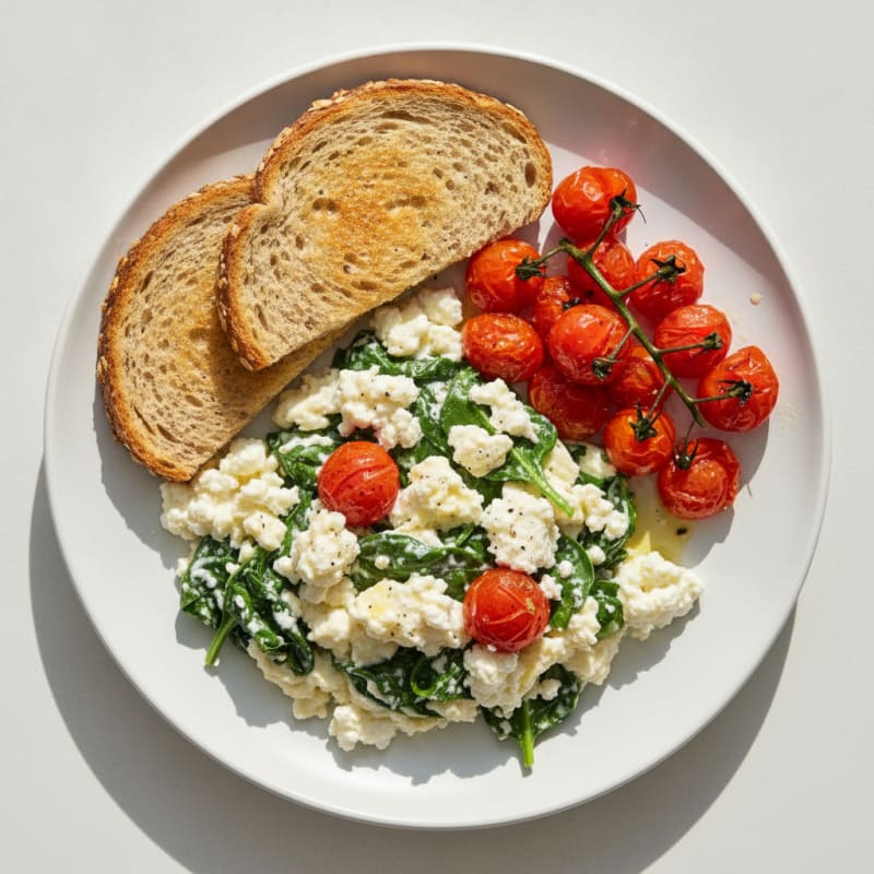 Egg White Spinach Scramble with Cottage Cheese and Cherry Tomatoes