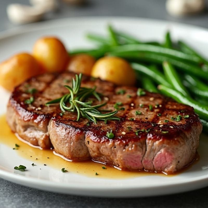 Pan-Seared Garlic Butter Steak with Crispy Roasted Potatoes and Green Beans