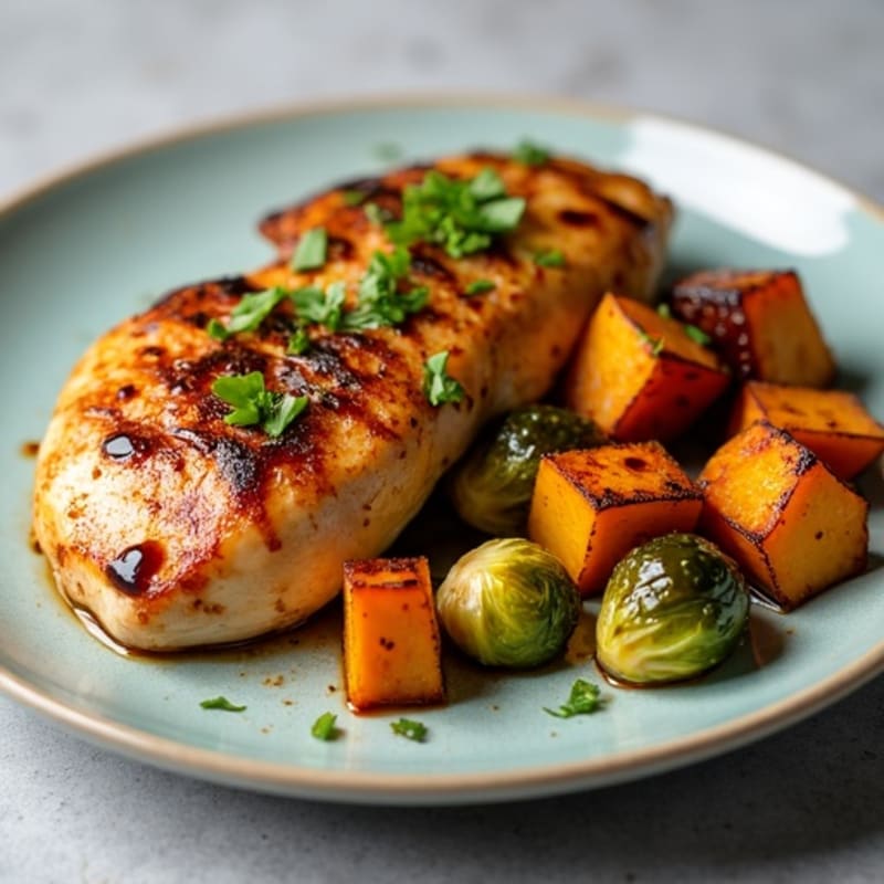 Balsamic Roasted Chicken with Crispy Brussels Sprouts and Sweet Potatoes