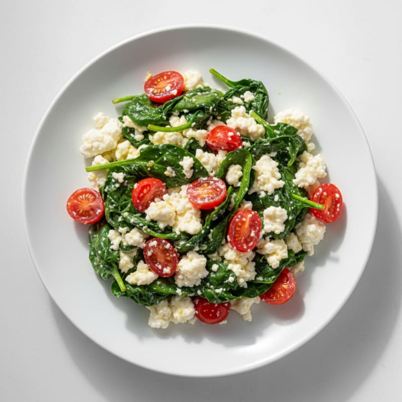 Egg White Spinach Scramble with Cottage Cheese and Cherry Tomatoes