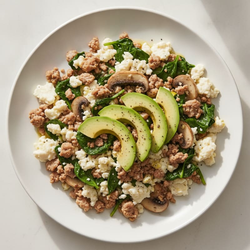 Egg White and Turkey Scramble with Spinach and Mushrooms