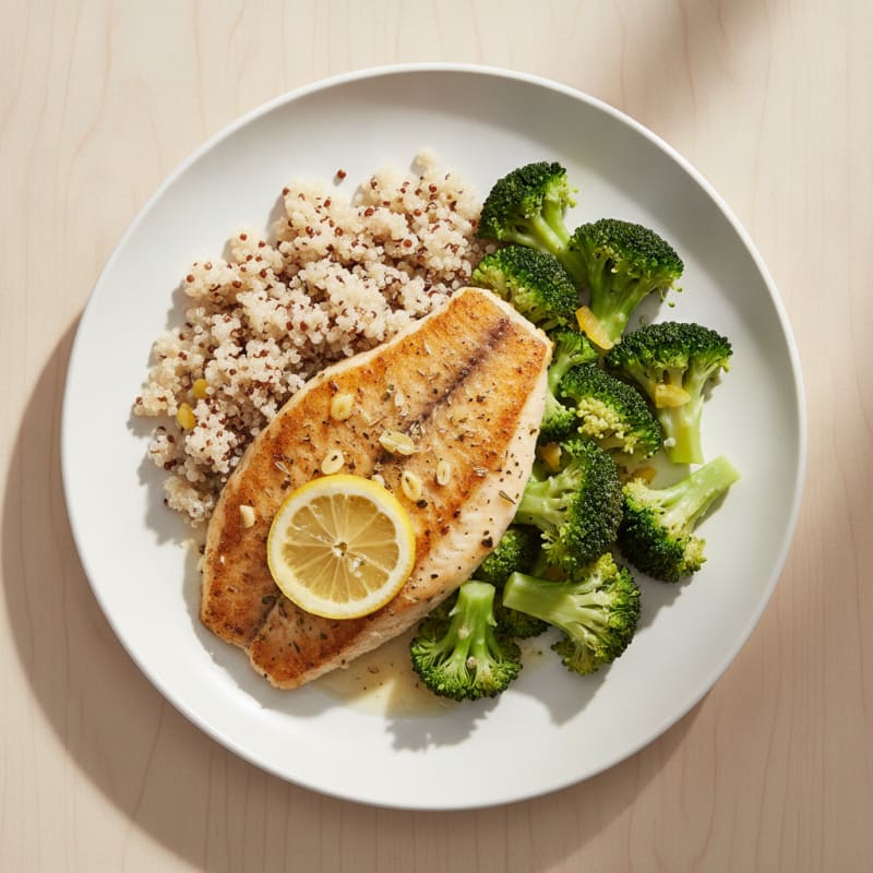 Seared Tilapia with Steamed Broccoli and Quinoa