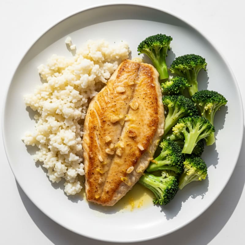 Seared Tilapia with Steamed Broccoli and Cauliflower Rice