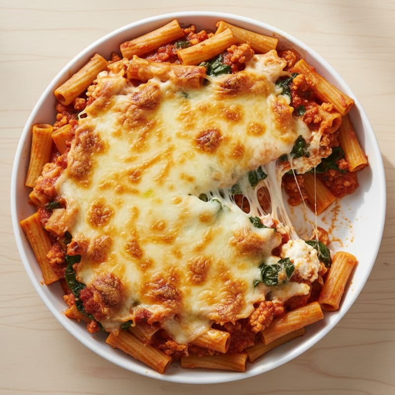 Creamy Baked Ziti with Golden Mozzarella Crust