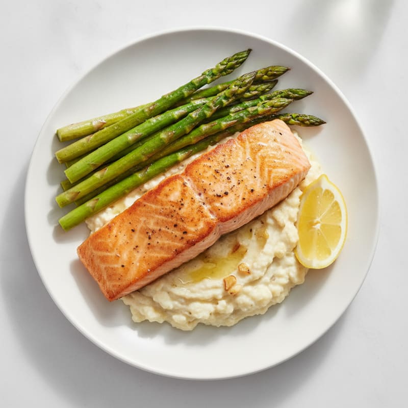 Seared Salmon Fillet with Roasted Asparagus and Cauliflower Mash
