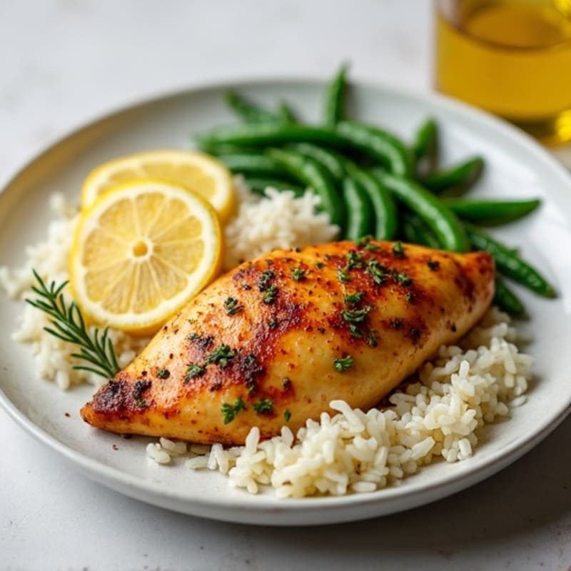 Lemon Herb Roasted Chicken with Fluffy Rice and Roasted Green Beans