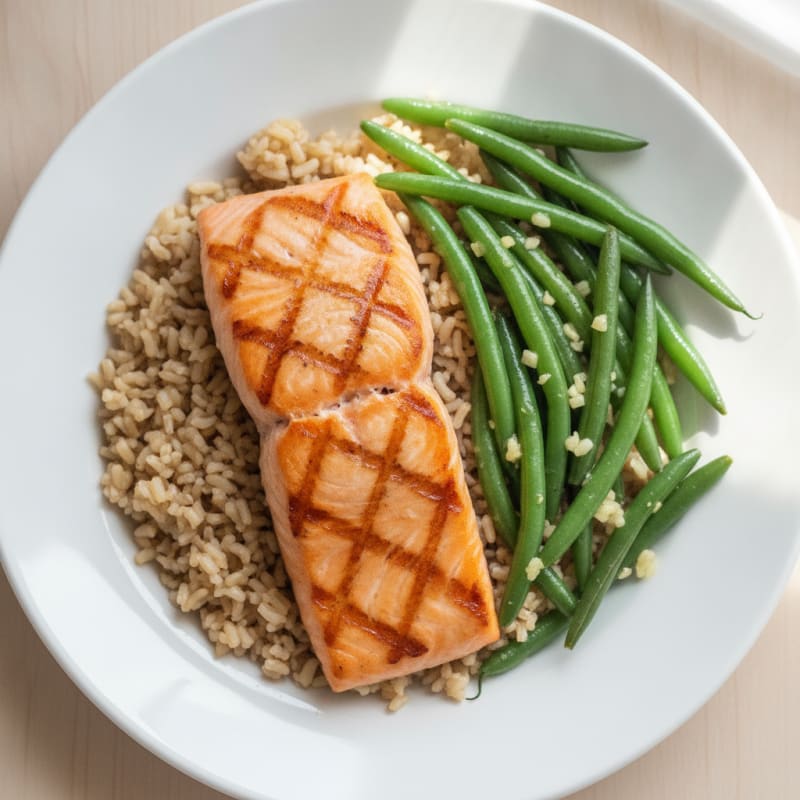 Seared Salmon with Garlic Green Beans and Brown Rice
