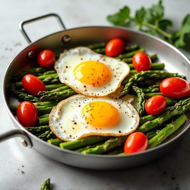 Sheet Pan Baked Eggs with Roasted Asparagus and Cherry Tomatoes