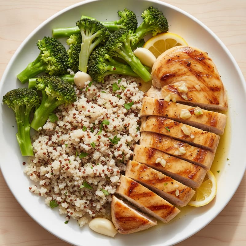 Grilled Lemon-Garlic Chicken Breast with Steamed Broccoli and Quinoa
