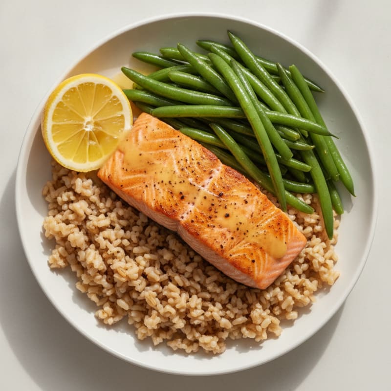 Seared Salmon with Steamed Green Beans and Brown Rice