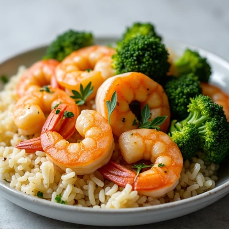 Lemon Herb Shrimp with Fluffy Brown Rice and Roasted Broccoli