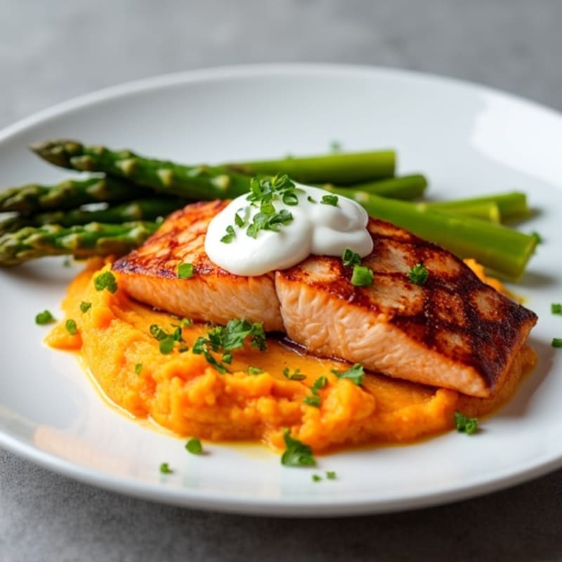 Seared Salmon Filet with Roasted Asparagus and Sweet Potato Mash