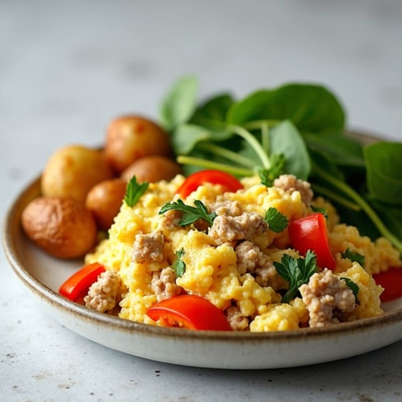 Turkey and Vegetable Egg Scramble with Roasted Potatoes