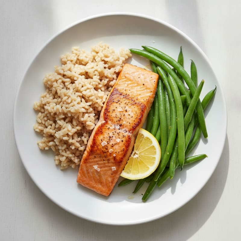 Seared Salmon Fillet with Steamed Green Beans and Brown Rice