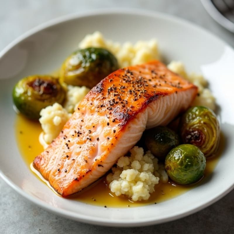 Seared Salmon with Roasted Brussels Sprouts and Cauliflower Mash