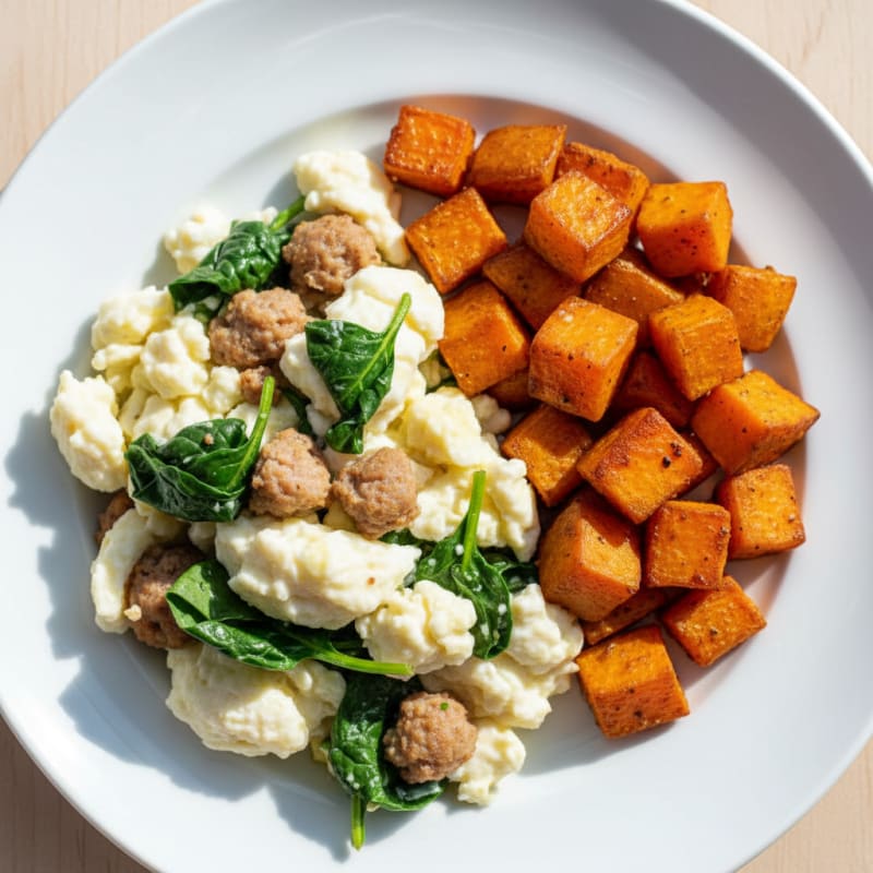 Egg White and Turkey Sausage Scramble with Spinach and Roasted Sweet Potato