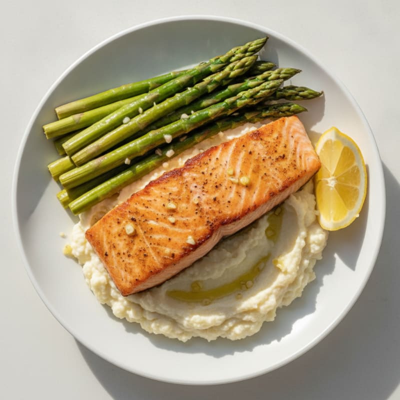 Seared Salmon with Steamed Asparagus and Cauliflower Mash