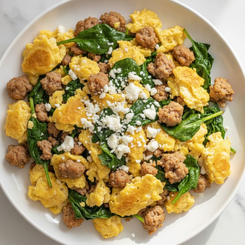Scrambled Eggs with Turkey Sausage and Sautéed Spinach