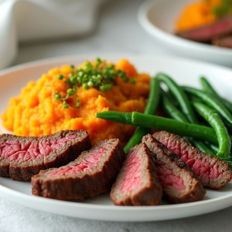 Seared Beef Strips with Steamed Green Beans and Sweet Potato Mash