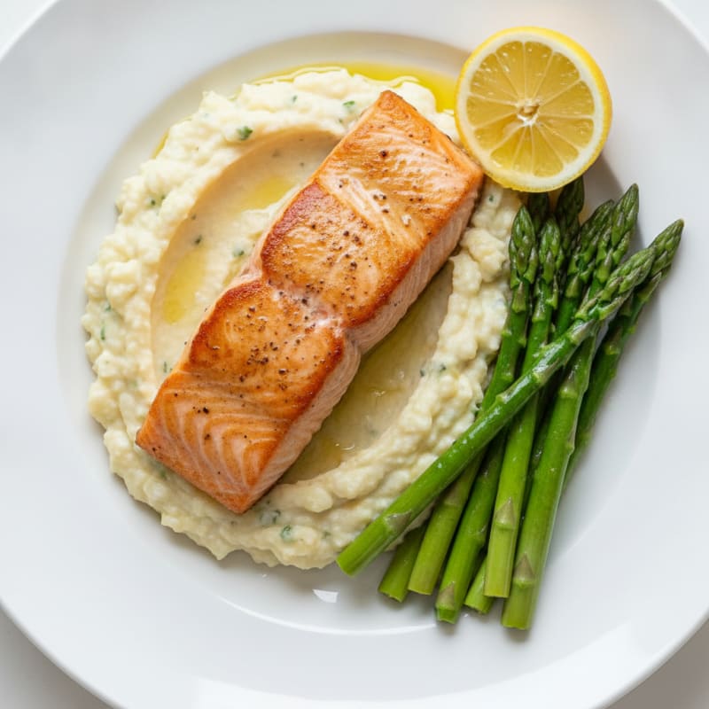 Seared Salmon with Steamed Asparagus and Garlic Cauliflower Mash