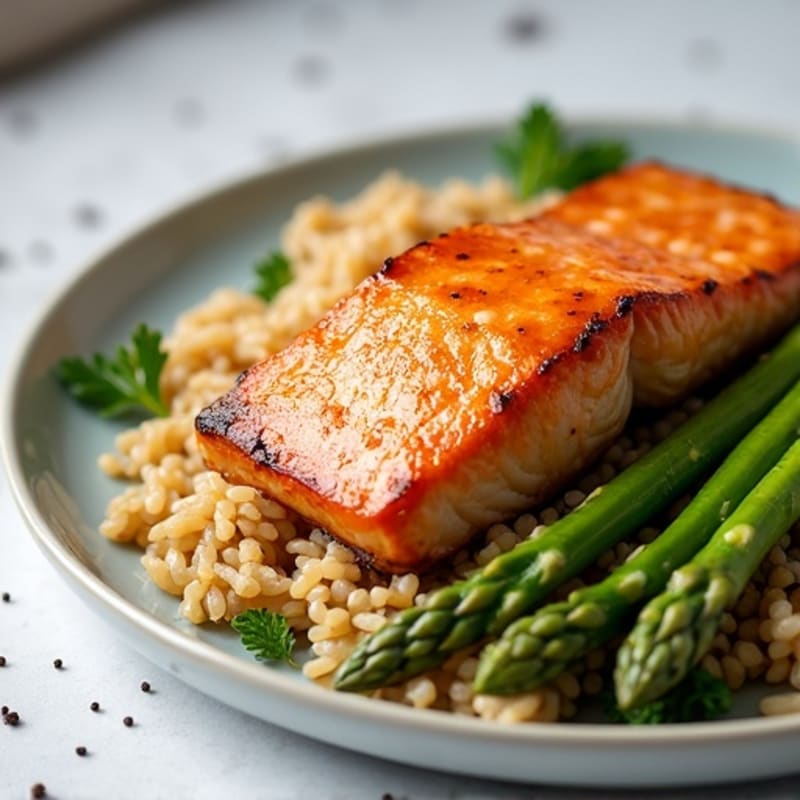 Seared Salmon with Steamed Asparagus and Brown Rice
