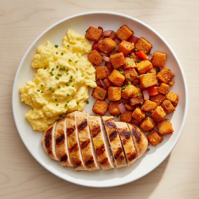 Scrambled Eggs with Grilled Chicken and Roasted Sweet Potato Hash