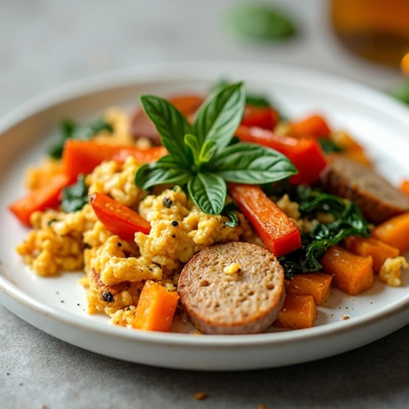 Egg White and Turkey Sausage Scramble with Roasted Sweet Potatoes