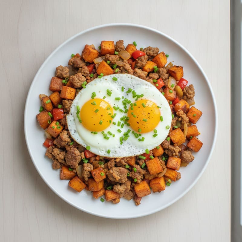 Crispy Bison and Sweet Potato Hash with Eggs